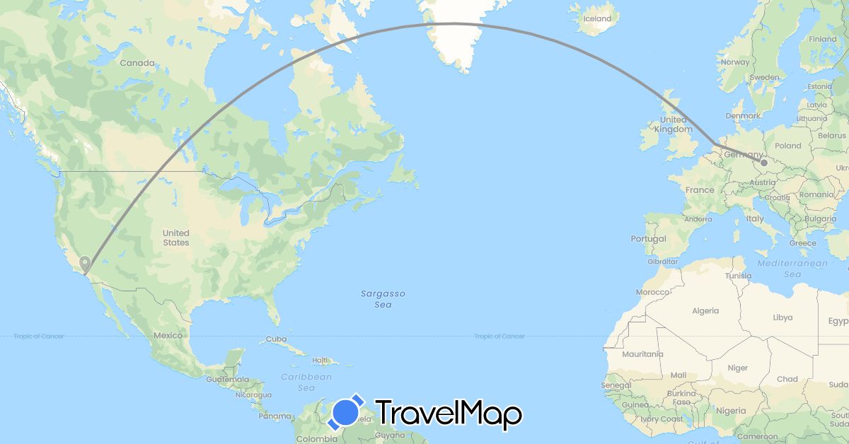 TravelMap itinerary: driving, plane in Czech Republic, Netherlands, United States (Europe, North America)